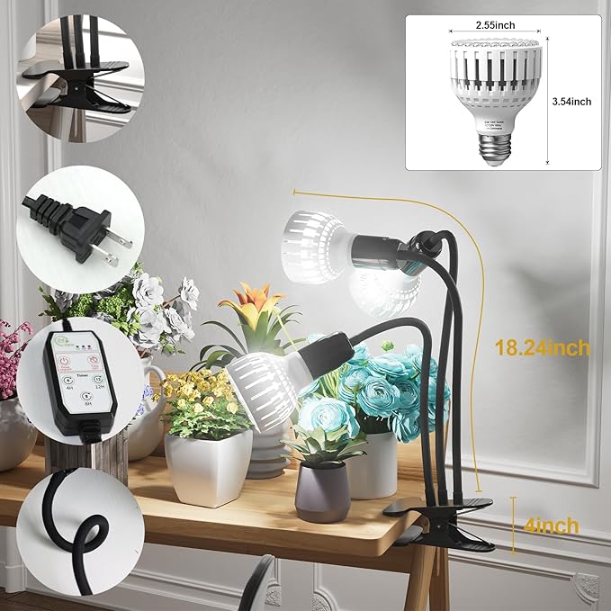 GooingTop Grow Light,36W (240Watts Equiv) 5000K White Full Spectrum LED Growing Lamp Clip on Desk for Indoor Plants,Bulbs Replaceable & Non-dimmable