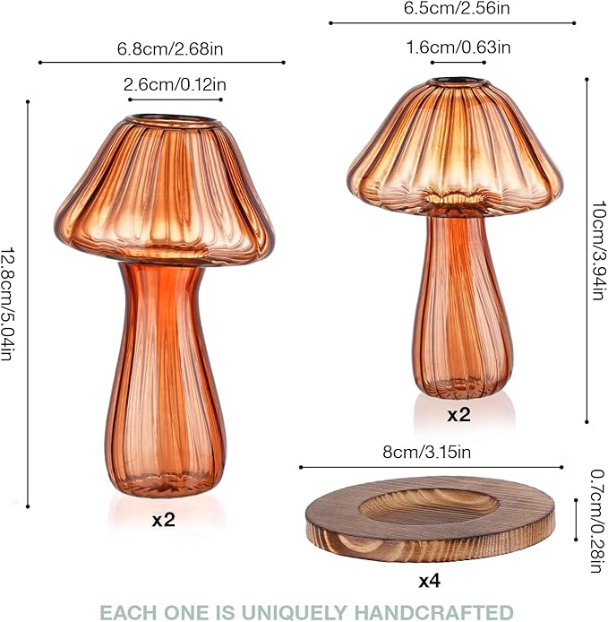 NiHome Mushroom Glass Planter with Wooden Base Set of 4, Cute Indoor Greenery Plant Propagation Stations,High Borosilicate Glass Mushroom Gifts Vases for Flowers,Hydroponics & Home Decor (Brown)