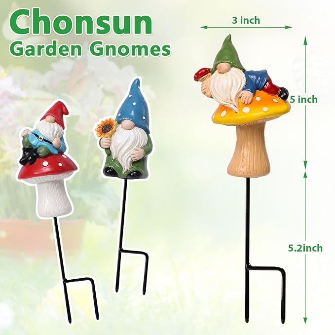 Garden Gnomes Stakes 3 Inch Plant Decorations for Pots Outdoor Statues Gnome Garden Decor 3 Pack Mini Gnomes Decorations