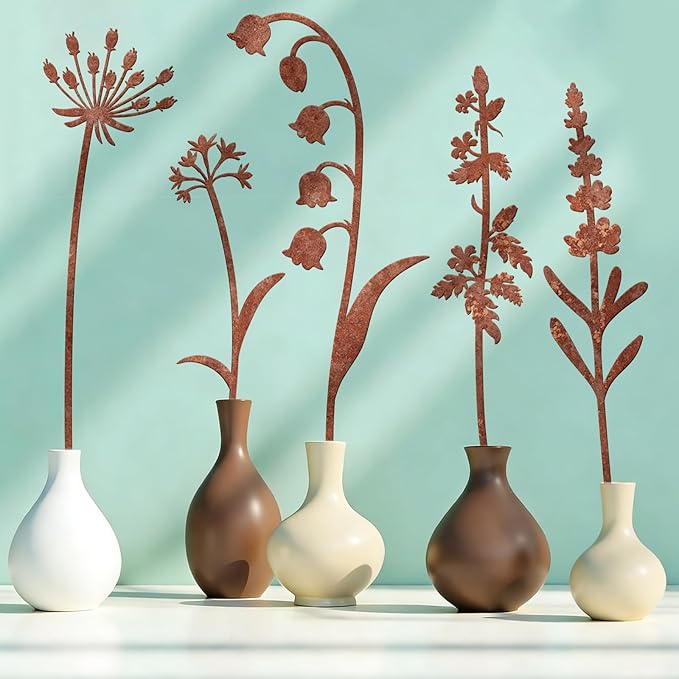 5 Pack Rust - Colored Metal Plant Stakes, Decorative Garden Stakes for Flower Bed & Yard, Metal Flower Decor for Outdoor Use, Yard Decor & Decorative Plant Stakes for Garden (Flowers, 5)