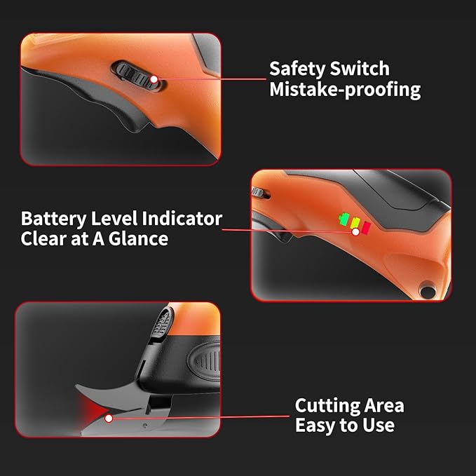 NANWEI Electric Scissors Cordless, Type-C Rechargeable Cardboard Cutter with 2 Blades, 4.2V High‑torque Motor, for Fabric Carpet Leather (Orange)