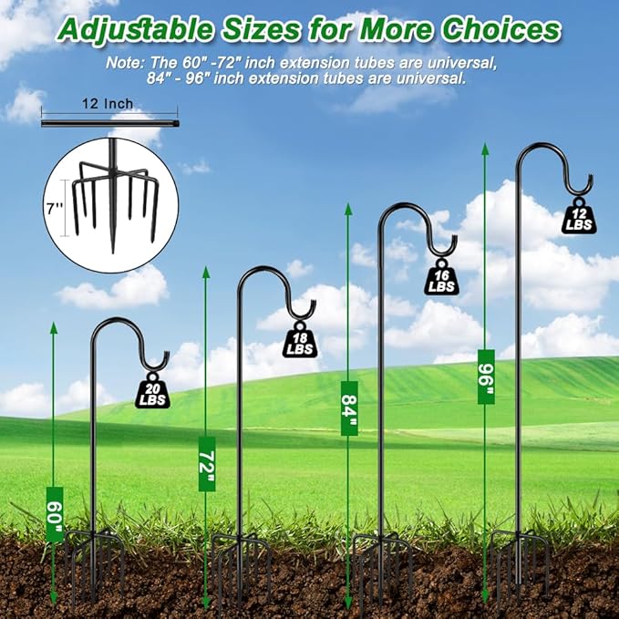 ANIDEER 60" Shephards Hook for Outdoor, Heavy Duty Bird Feeder Pole with 7 Base Prongs, Adjustable Shepherds Hook for Hanging Bird Feeder, Solar Light Lanterns, Garden Plant Hanger Stands,2 Packs