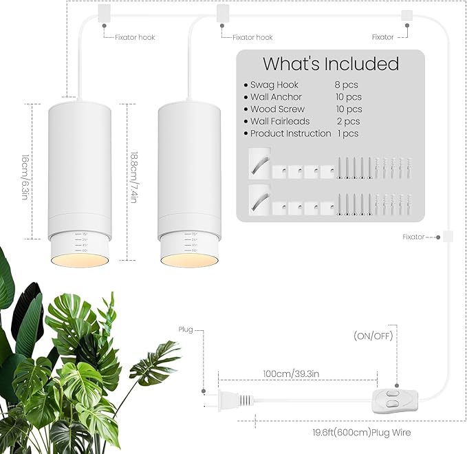 Zoomable Remote Pendant Grow Lights with Auto On/Off Timer, 2X 30W Full Spectrum LED Plant Light 2700K-6000K Dimmable Plug in Hanging Lights for Indoor Plants 20FT Power Cord, White 2PCS