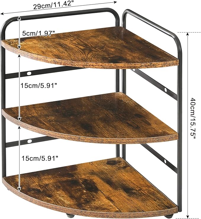 IBUYKE Corner Shelf, Kitchen Counter Organizer, Bathroom Vanity Trays, 3-Tier Spice Rack for Small Spaces,Cosmetic Storage Perfume Holder, Adjustable Height, Rustic Brown,TWJ002H