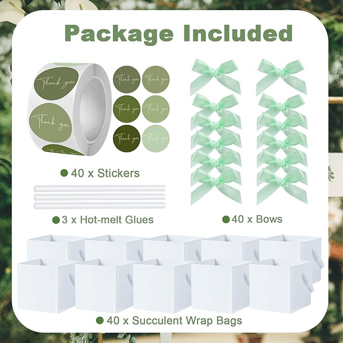 HejVulkan 40 Pack Succulent Wrap Bags Set with 2.5 inch Succulent Gift Bags, Mini Bows and Thank You Stickers, Great Party Favor Gifts for Wedding, Baby Showers, Bridal Showers(White)