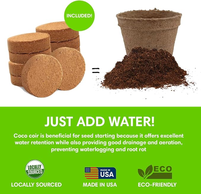 Seedling Starter Kit Germination Grow Cups and Soil (10 Pack) Biodegradable Peat Pots, Coco Coir Soil Discs, Plant Markers - Organic Grow Kit for Seed Germination, Indoor/Outdoor (1)