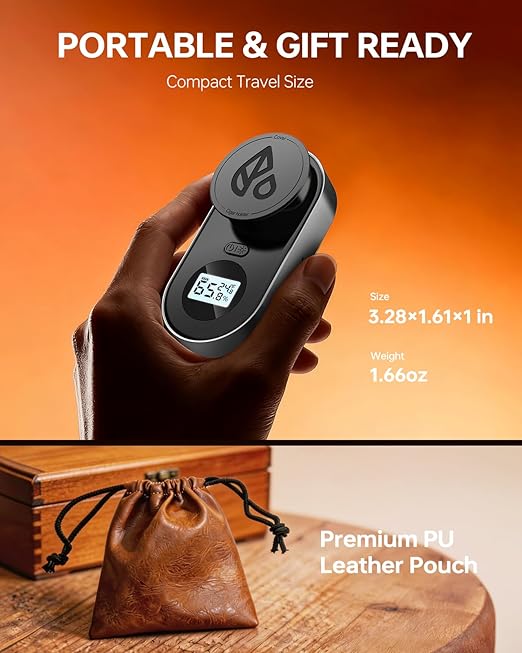 Cigar Humidity Meter, 3-Probe Core & Ambient Dual Sensor Digital Cigar Hygrometer, Rechargeable Moisture Tester for Humidor with Color Alert & Built-in Cigar Holder, Type-C Charging, Gray