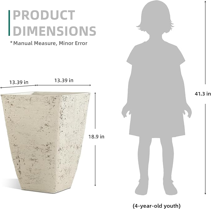 Autodaya 19" Plant Pots Tall Planters for Plants Outdoor Set of 2 Large Square Flower Pots Indoor Front Porch Decor Garden Pot with Drainage Hole Handmade Birch Bark Texture for Patio, Country White