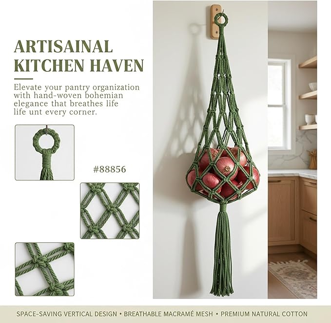 Macrame Hanging Produce Bag, Cotton Net Storage Holder with Tassel, Kitchen Fruit Vegetable Organizer (green)