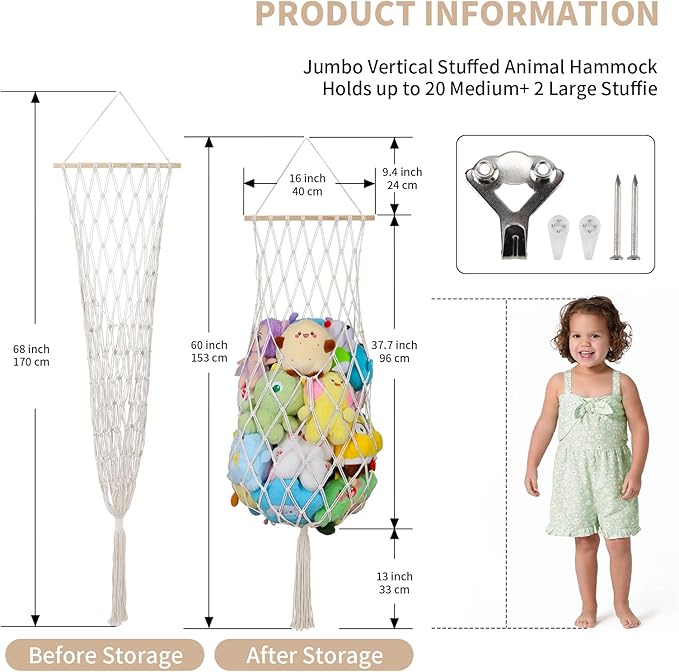 Stuffed Animal Storage Net, 68 Inch Jumbo Macrame Vertical Stuffed Animals Hammock Corner, Wall Ceiling Hanging Stuffy Hammock Plushie Holder Display for Kid Boy Girl Gift Boho Nursery Decor (Cream)