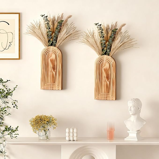 Wooden Wall Vase Set of 2 with Dried Pampas Grass & Eucalyptus – Boho Farmhouse Wall Decor for Living Room, Bathroom, Entryway or Hallway, Rustic Modern Wooden Wall Art