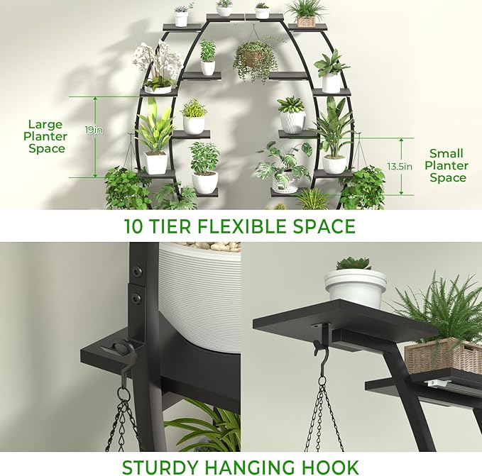 Plant Stand Shelf Indoor with 8 Grow Light, 10 Tiered 65" Tall Black Large Half Moon Lighted Plant Rack Holder, 2 Pack Big High Circular Arch Multi Herb Stand with Built in LED Grow Light Set