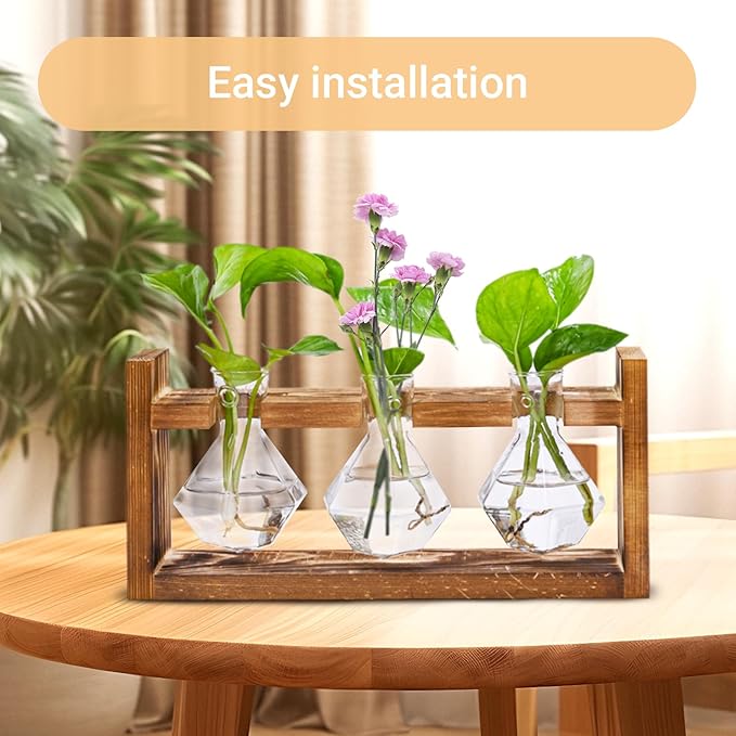 Wooden Base Glass Vase - Plant Holder & Propagation Station for Hydroponic Plants, Desktop Terrarium with Wooden Stand, Stylish Home & Office Décor, Great Gift for Plant Enthusiasts (YMFLX-3B)