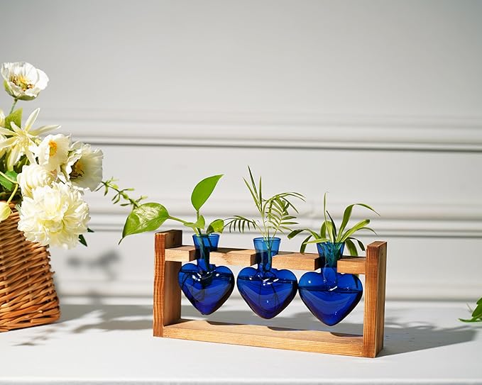 Kingbuy 3-Heart Plant Terrarium Kit with Vintage Wood Stand - Stained Glass Vase Propagation Station, Wall-Mounted & Tabletop Indoor Decor for Home Kitchen Wedding Gift, Blue