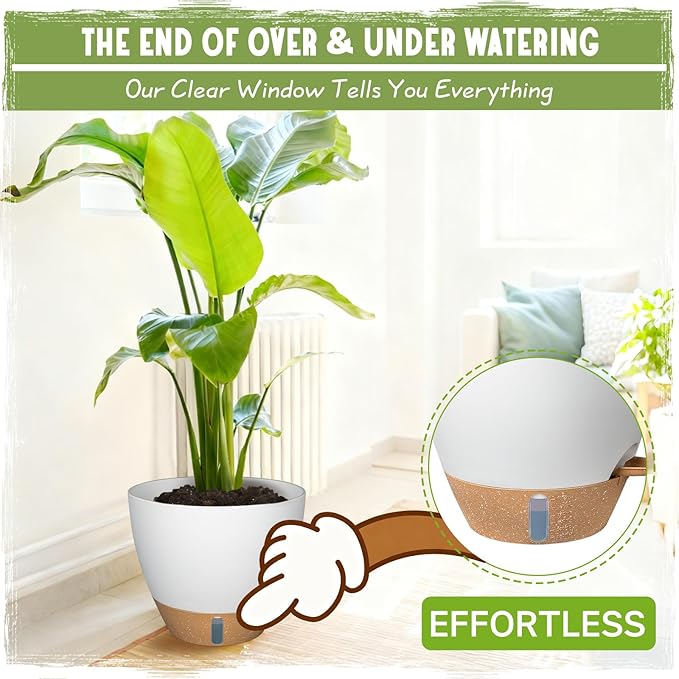 Self-Watering Pots for Indoor Plants 4 Pack, 6/8/10/12 Inch Outdoor Planters with Water Level Indicator & Deep Reservoir, Decorative Flower Pots for Home Decor (White, 12+10+8+6 Inch)