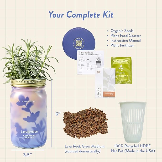 Modern Sprout Mason Garden Jar - Self-Watering Hydroponics Growing System Kit with Organic Herb Seeds - Jar Planter for Indoor Herb Garden - Seed Starter Kit - Home Decor & Gifting - Lavender