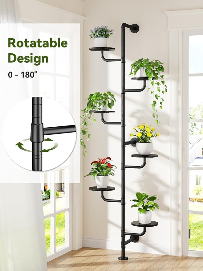 Plant Stand Indoor, 6-Tier Plant Shelf, Tall Wall Mounted Metal Pole & Rotating Wooden Board Plant Holder for French Window, Corner, Home Decor - C5 Black