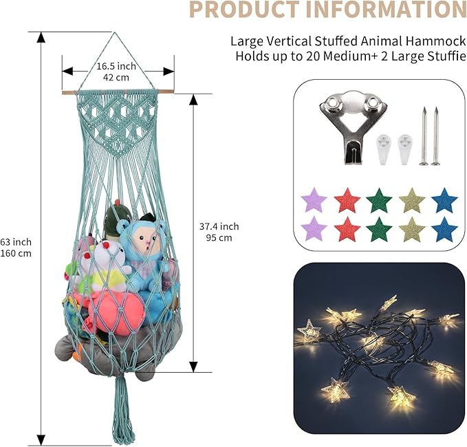 Stuffed Animal Storage Hammock, 63'' Jumbo Boho Macrame Corner Toy Hammock Wall Hanging Net Holder for Nursery Teddy Plushie, Turquoise Plush Toy Net with Star Light for Baby Boys Girls Gift
