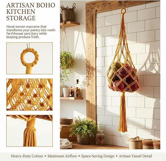 2 Packs Hanging kitchen hanging Basket, Macrame Hanging Basket Vegetable Storage holder breathable handmade basket for Potato Onion Fruit Storage,Boho Decor grocery storage bag,Yellow