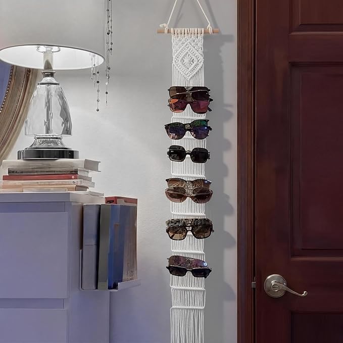AceOrbit Macrame Sunglasses Holder Boho Wall-Mounted Hanging Sunglasses Organizer Vertical Woven Glasses Holder Display Storage Rack for Bohemian Bedroom Home Office Decor(Stylish Style,White)