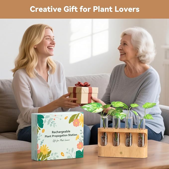 Lightalent Rechargeable Plant Propagation Station with Stepless LED Light, Wooden Stand & 4 Propagation Test Tubes, Hydroponic Plant Terrarium for Indoor Home Decor, Gift for Plant Lovers and Mothers