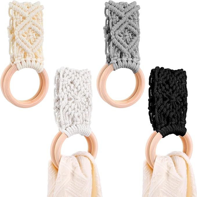 4 Pcs Kitchen Dish Towel Holder, Handmade Crochet Hanging Kitchen Towels Ring Decorative Boho Dish Towel Holder for Bathroom House Oven Washbasin, Birthday Housewarming Gift