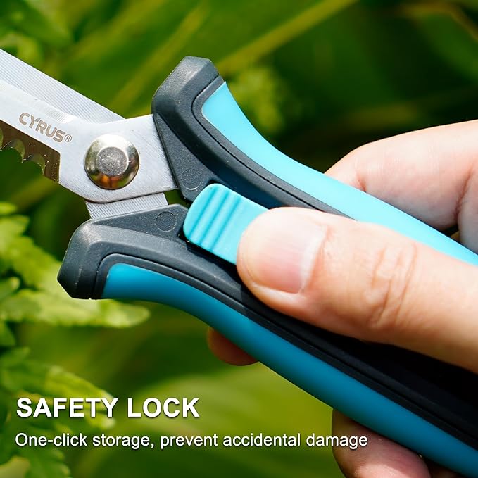 CYRUS Pruning Shears 8" Hand Gardening Scissors Extended Straight Carbon Blades Trimming Precision Bud Scissors with Sharp Serrations Widely Used for Gardening, Hydroponics, Grow Tents