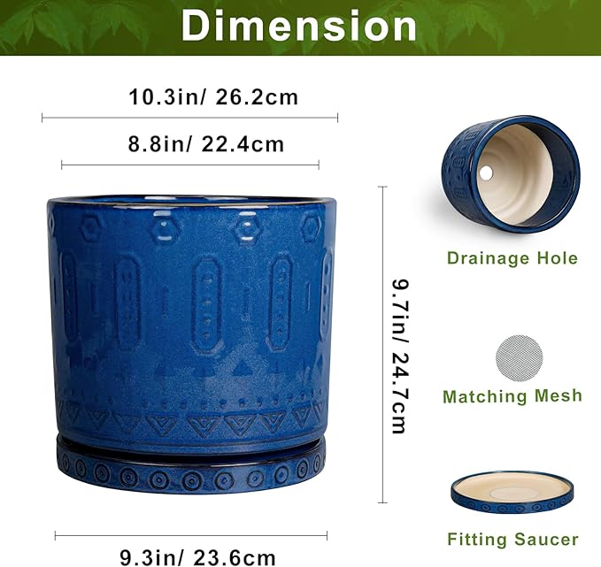 Eightpot 10 Inch Plant Pot - Ceramic Planter Outdoor Plant Pot Indoor with Drainage Holes and Saucer Large Flower Pot Round Decorative Planter for Garden Patio Decor Blue