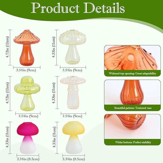 Mushroom Propagation Vase for Indoor Plants, Set of 6 Glass Colored Plant Propagation Stations for Plant Lovers, Mini Hydroponic Pots for Plant Lovers Women Girls