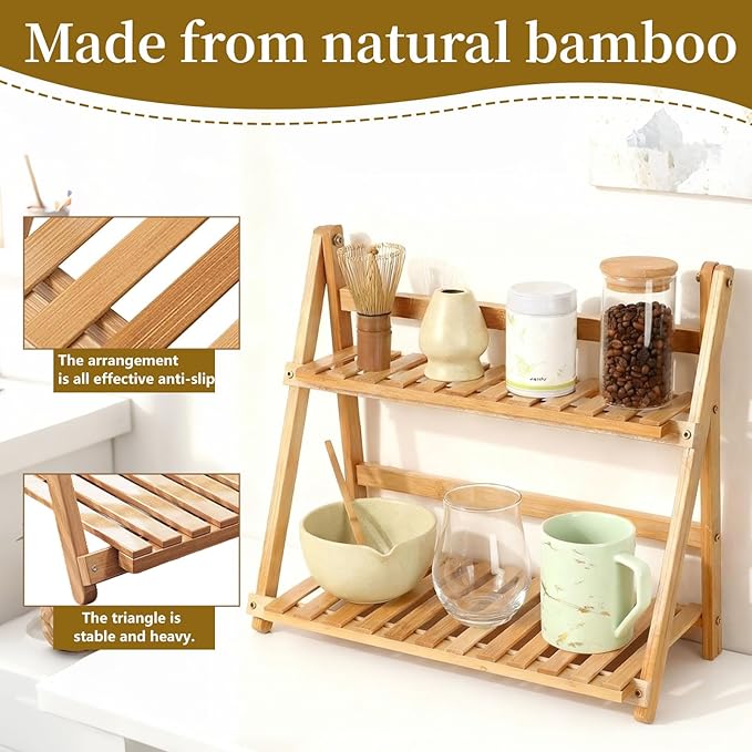 Matcha Station Organizer Shelf：Bamboo organizer for coffee bar,Matcha Whisk,Small plants,bathroom,11.7" Foldable Countertop Display Rack for Kitchen,Window Sill&Living Room 2 Tier