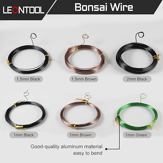Bonsai Tool Kit - Aluminum Wire (1mm, 1.5mm, 2mm) - Black - 10M Rolls - Kit Includes Wire Cutter, Mesh Pads - Part Number: 15GD919