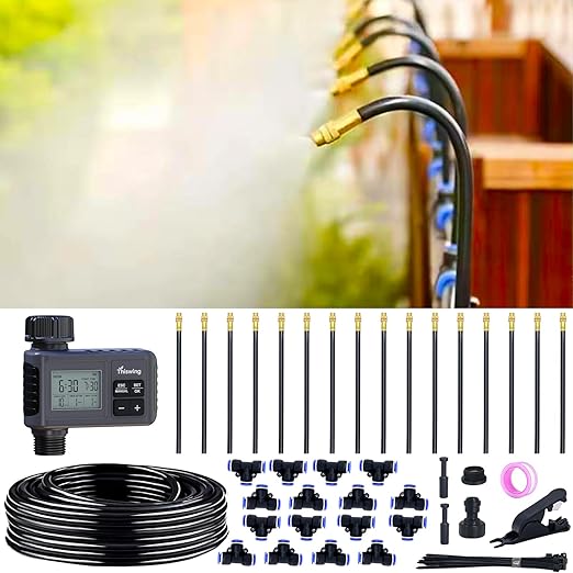 Thiswing 360° Adjustable Drip Irrigation System - 50 FT Garden Watering System with 16 Nozzles & Water Timer, Raised Bed Sprinkler System, Garden Mister for Yard, Lawn, Plants, 5/16" Tubing