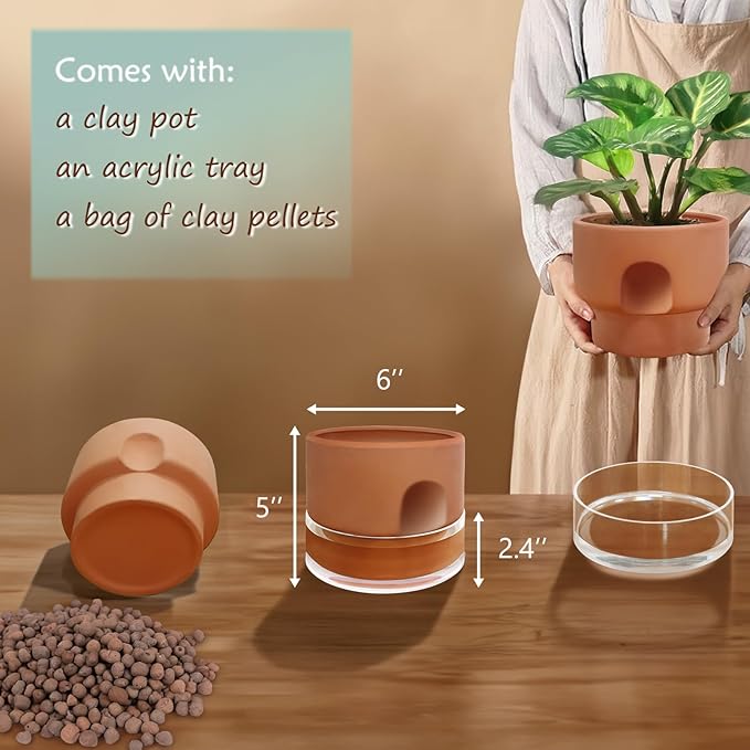 GUGUGO Self Watering Pot for Indoor Plants, 6 Inch Self-Watering Terracotta Plant Pots, Terracotta Planters with Clear Reservoir, Terra Cotta Flower Pots Planters, Large Modern Office Home Décor