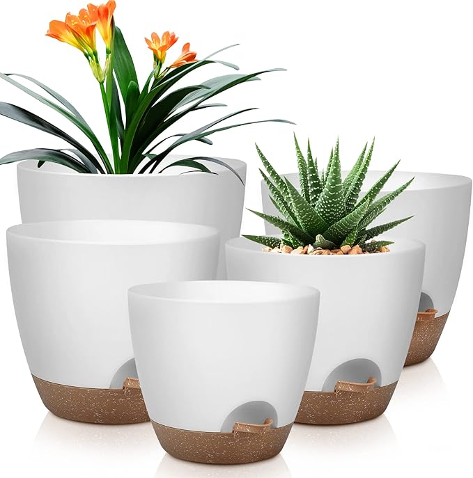 QRRICA Plant Pots 10/9/8/7.5/7 Inch Self Watering Pots, Set of 5 Plastic Planters with Drainage Holes and Saucers,Plastic Flower Pots,Nursery Planting Pot for Indoor Out Door Plants（White）