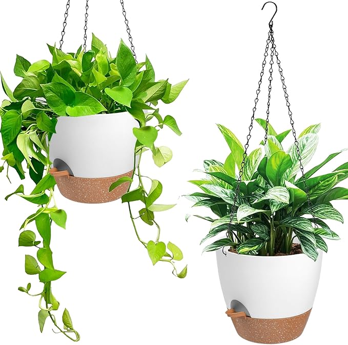 Vanslogreen Hanging Planters for Indoor Outdoor Plants, 2 Pack Self Watering Hanging Pot with Drainage Holes & Removable Tray (White, 6'')