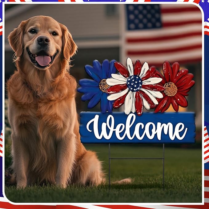 Amyhill 1 Pcs Patriotic 4th of July Outdoor Decor Daisy Metal Garden Stakes Memorial Day Welcome Yard Signs Decorations Garden Stakes for 250th Anniversary Patio Lawn Walkway Outside