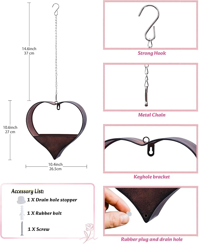 Metal Plant Hangers Indoor and Outdoor: Easter Gifts for Mom Women Her Wife Garden Lovers Birthday - Heart Shape Hanging Planters for Window Wall Living Room Office Decor(Rustic)
