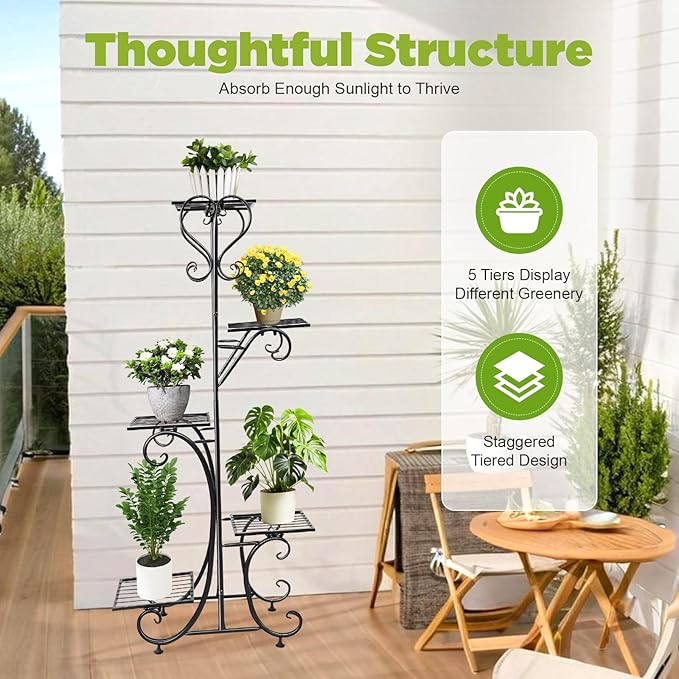 Metal Plant Stand Indoor & Outdoor Wrought Iron Plant Stands Flower Pot Holder Shelf for Multi Plants, Flower Holder Racks for Patio Garden, Living Room, Corner Balcony (5 Tier)