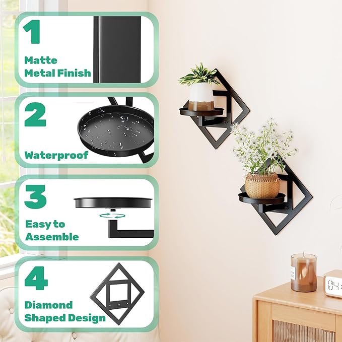 Plant Hangers Shelves Wall Mounted Indoor, Metal Window Plant Holders, 2Pcs Modern Floating Flower Display Stand for Outdoor Kitchen Bathroom Decor, Black