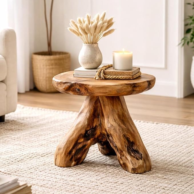 WELLAND Natural Cedar Stump Stool, 14" End Table, Live Edge Side Table, Plant Stand, Small Nightstand, Mushroom Stool for Living Room, Bedroom, Patio, Garden