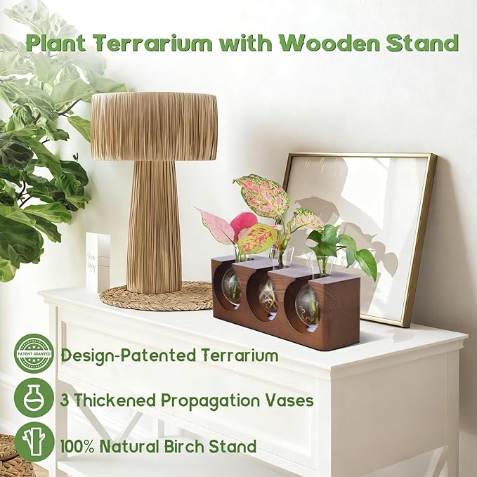 Plant Propagation Station with Wooden Stand, Plant Terrarium with 4 Mode 9-Level Adjustable LED Lights, 3 Glass Propagation Vases for Hydroponics, Propagation Tubes Unique Gifts for Women Home Decor