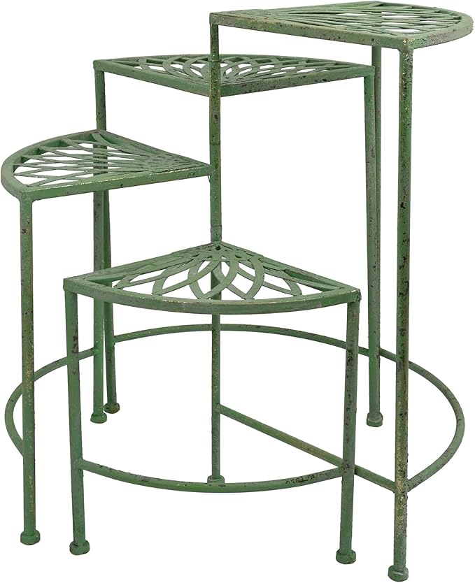 Vintage 4-Tier Metal Plant Stand for Indoor Outdoor Rustic Foldable Fan Shape Corner Plant Rack Distressed Green Flower Pot Holder Shelves for Patio Porch Garden Balcony Living Room (Green)