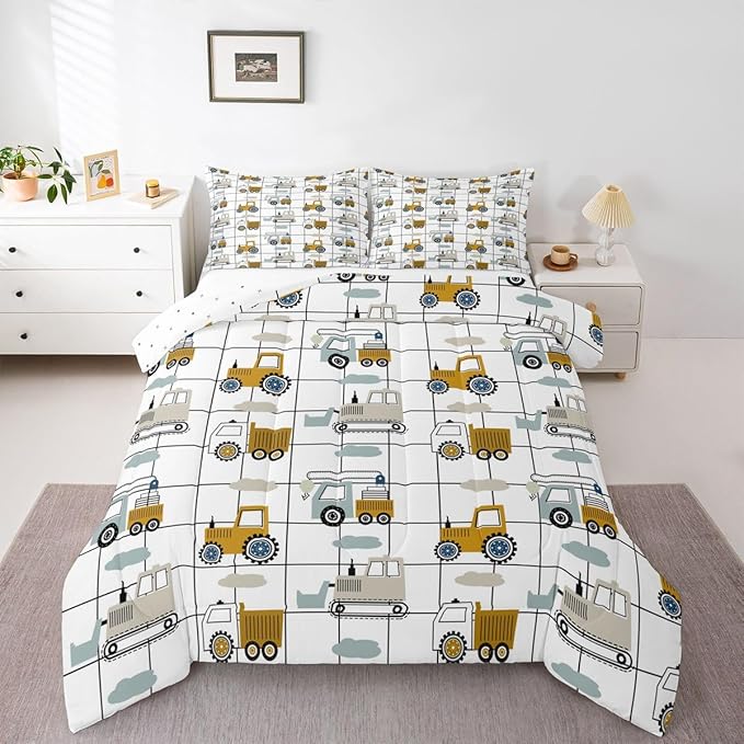 Feelyou Construction Truck Comforter Set Twin Kids Machinery Truck Excavators Vehicles Comforter for Boys Cartoon Tractor Bedding Set Excavator Tractor Plaid Grid White Duvet Set with 1 Pillow Case