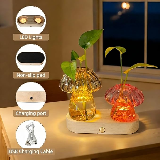 Propagation Vases,Mushroom Glass Propagation Stations with Stepless Dimming Function for Home Office Decor,Lighted Hydroponic Planter Jars Valentines Day Gifts for Mom Women Plant Lovers