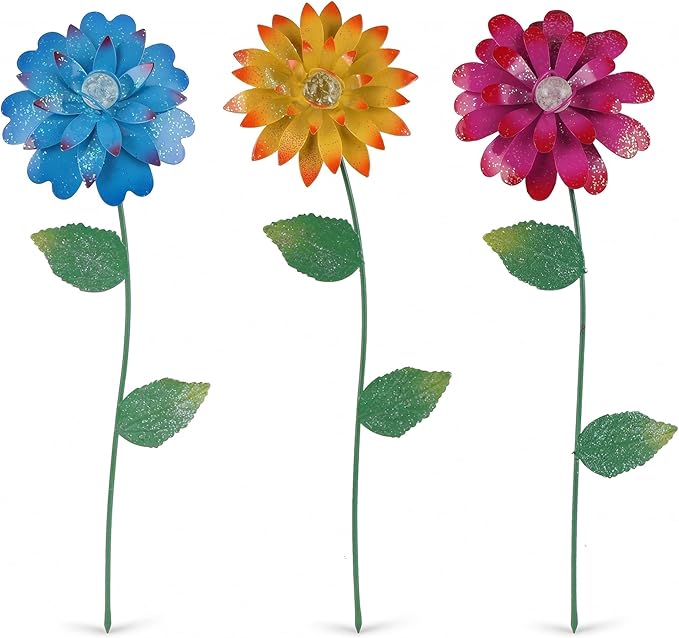 TZSSP 3-Pack Floral Garden Stakes Decor Tricolor Outdoor Glow in Dark,14 inch Metal Flowers Outdoor Decor Waterproof Metal Flower Sticks for Patio, Lawn, Yard Decorations