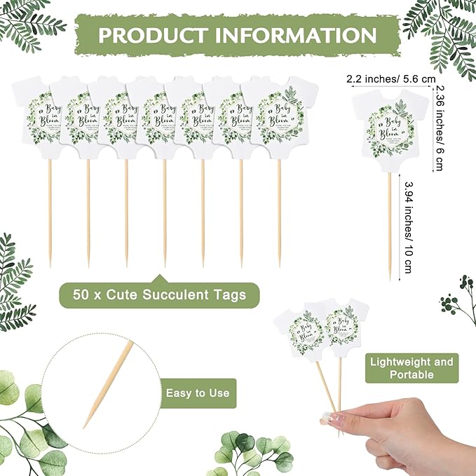Geetery 101 Pcs Succulent Baby Shower Party Favors for Guests Include 1 Wooden Table Sign 50 Kraft Succulent Pots and 50 Tags for Baby Shower Party Gifts(Greenery)