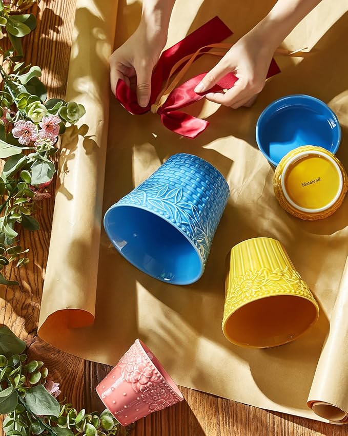 Metahom Ceramic Plant Pots, 5.8 Inch Flower Pots for Indoor Plants, Planters with Drainage Hole & Saucer, Garden Planters for Succulent, Orchid, Cactus, Home Decor, Set of 4, Assorted Colors