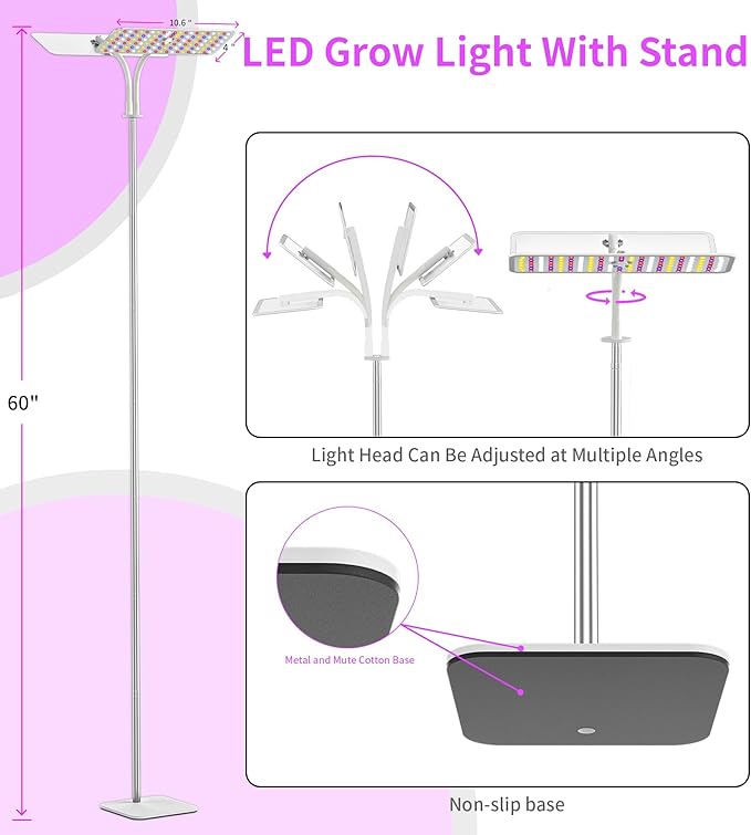 KINGPLUS Grow Lights with Stand, Double Head, Full Spectrum LED Grow Light for Indoor Plants, 240 Leds, 4 Dimmable Levels, Timer 4/8/12h, 12-60inches Height Adjustable, 36w, Ideal for Desk Small Plant
