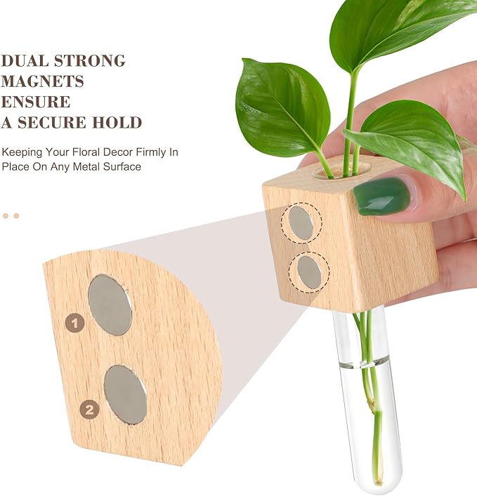 Magnetic Test Tube Flower Vases for Refrigerator, Set of 2 Wooden Fridge Magnet Planters with Glass Tubes – Light & Dark Wood Color, Propagation Station for Hydroponic Display (No Plant Included)