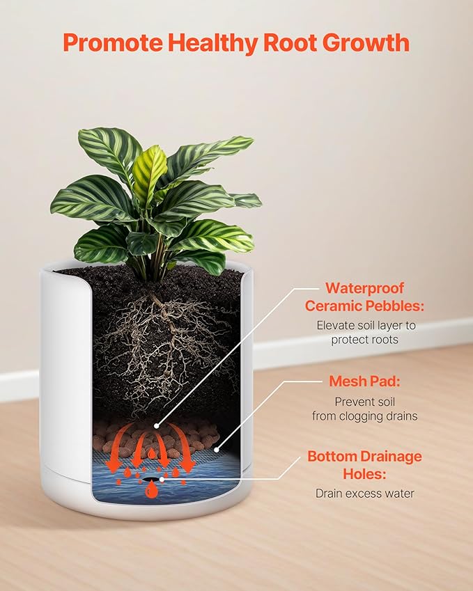 VEVOR Plant Pot, 12-Inch Ceramic Pots for Plants with Drainage Holes, Non-Slip Pads & Detachable Saucer, Modern Ceramic Flower Pots, Indoor and Outdoor Tree Planter Pot, Home & Office